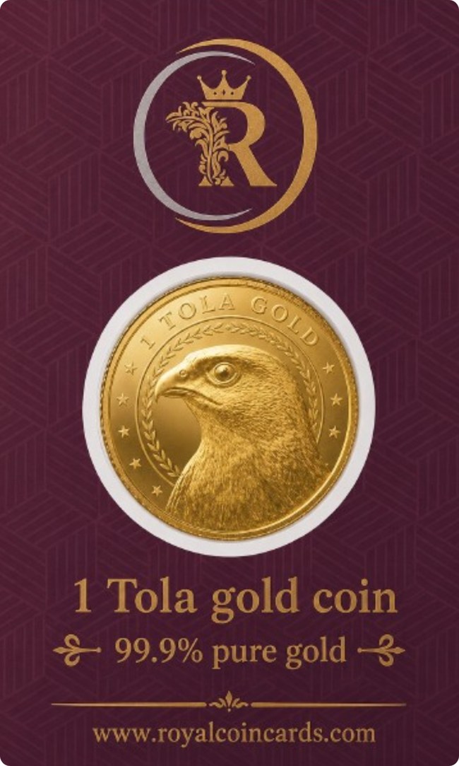 1 Tola gold coin card in tamper-proof blister packaging
